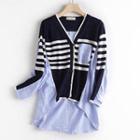 Mock Two-piece Striped Panel Knit Cardigan 2670 - Stripes - Navy Blue & Light Blue - One Size