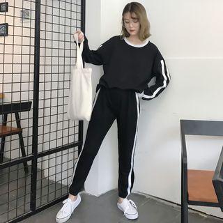 Set: Contrast Trim Long-sleeve T-shirt + Sweatpants