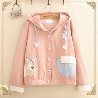 Rabbit Embroidered Color-block Hooded Jacket