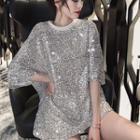3/4-sleeve Sequined Long T-shirt