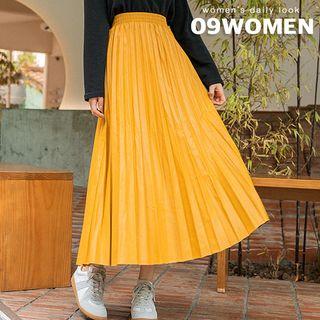 Plus Size Accordion-pleat Pleather Long Skirt