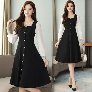 3/4-sleeve Color Block Buttoned A-line Midi Dress