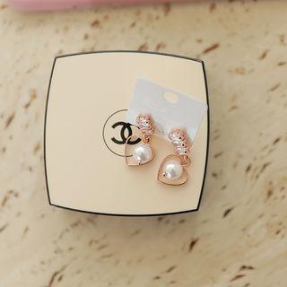 Rhinestone Faux-pearl Heart Drop Earrings Gold - One Size