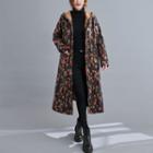 Patterned Hooded Single-breasted Midi Coat