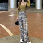Long-sleeve Plain T-shirt / Plaid Straight Leg Pants