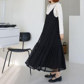 Ruffled Lace Midi Spaghetti Strap Dress