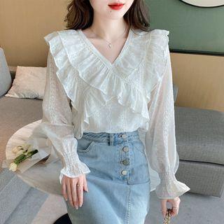 Long-sleeve Ruffled V-neck Lace Blouse