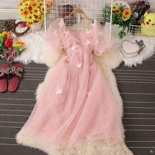 Short-sleeve Butterfly Accent Mesh A-line Dress