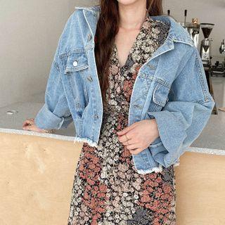 Drop-shoulder Fray-hem Denim Jacket Blue - One Size