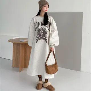 Bishop-sleeve Oversize Long Letter Sweatshirt Dress