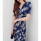Puff-sleeve Floral Print Wrap-front Long Dress Navy Blue - One Size