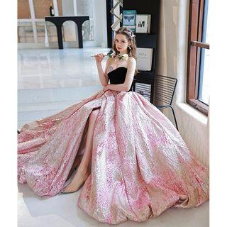 Strapless Printed Panel A-line Evening Gown