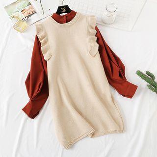 Set: Balloon-sleeve Blouse + Ruffled Long Knit Vest