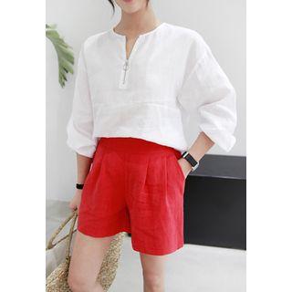 Puff-sleeve Zip-front Linen Top