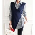 Striped Color-block Wrap-front Shirt Navy Blue - One Size