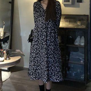 Long-sleeve Floral Print Midi A-line Dress White & Black - One Size