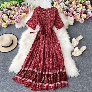 Tie-waist Short-sleeve Bohemian Print Midi Dress