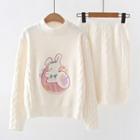 Set: Rabbit Print Sweater + Knit Skirt Beige - One Size
