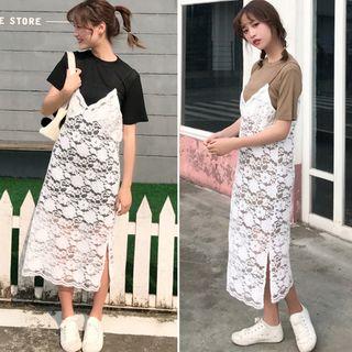 Set: Lace Strap Dress + Short-sleeve T-shirt