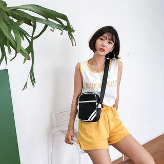 Set: Piped Lettering Tank Top + Paperbag-waist Shorts
