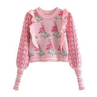 Lantern-sleeve Flower Print Ruffled Sweater