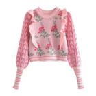 Lantern-sleeve Flower Print Ruffled Sweater
