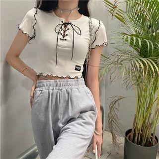 Short-sleeve Frill Trim T-shirt White - One Size