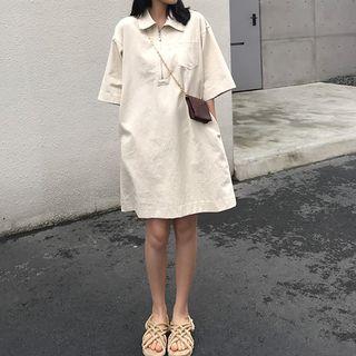 3/4-sleeve Zip Mini Polo Dress Almond - One Size