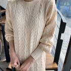 Lantern-sleeve Midi Cable-knit Dress Beige - One Size