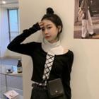 Set: Long-sleeve Lace-up Crop Top + Turtleneck Tank Top