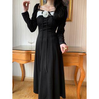 Set: Long-sleeve Open Front Crop Top + Spaghetti Strap Flower Detail Midi A-line Dress