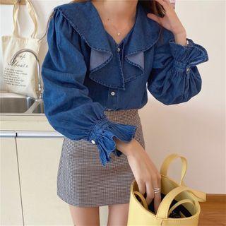 Bell-sleeve Ruffle Trim Denim Blouse Dark Blue - One Size