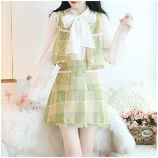 Set: Check Vest + Tie-neck Chiffon Blouse + A-line Skirt