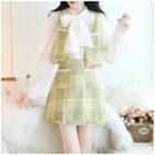 Set: Check Vest + Tie-neck Chiffon Blouse + A-line Skirt