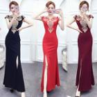 Embroidered Cap-sleeve Side-slit Sheath Evening Gown