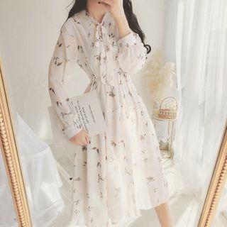 Printed Long-sleeve Midi A-line Dress White - One Size