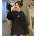 Flower Embroidered Oversize Elbow-sleeve T-shirt / Long-sleeve T-shirt