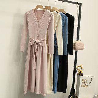 Ribbed Tie-waist Midi A-line Knit Dress