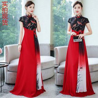 Cap-sleeve Traditional Chinese Paneled Maxi A-line Dress