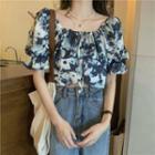 Short-sleeve Drawstring Cropped Top Blue - One Size
