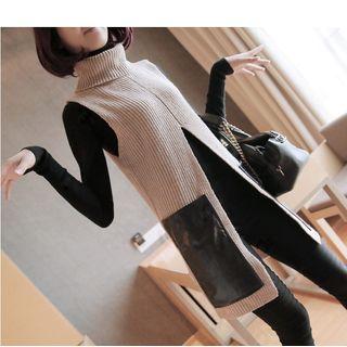 Faux Leather Panel Turtleneck Knit Long Vest