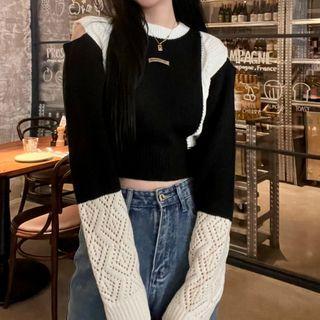 Cold Shoulder Two Tone Knit Top Black - One Size