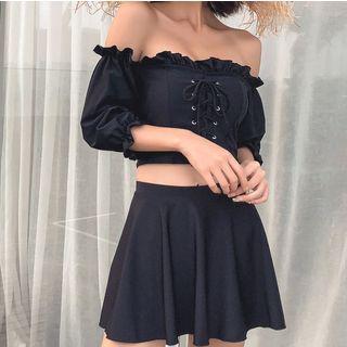 Set: Off-shoulder Lace-up Bikini + Swim Skirt