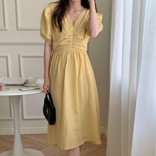 Puff-sleeve V-neck Plain Maxi Dress