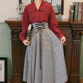Set: Plain Shirt + High-waist Plaid Midi Skirt