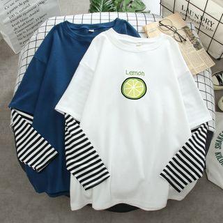 Mock Two-piece Striped Panel Lemon Print T-shirt