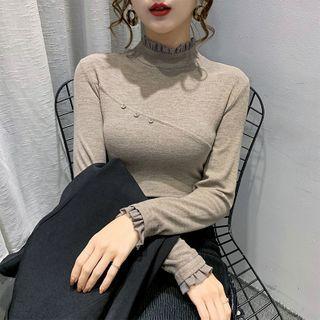 Mock-turtleneck Long-sleeve Ruffled T-shirt