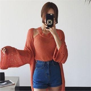 Set: Open-front Long Cardigan + Halter-neck Top