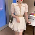 Embroider Short-sleeved Top / High Waist Skirt