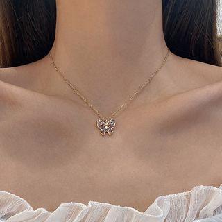Rhinestone Butterfly Pendant Necklace X209 - Gold - One Size